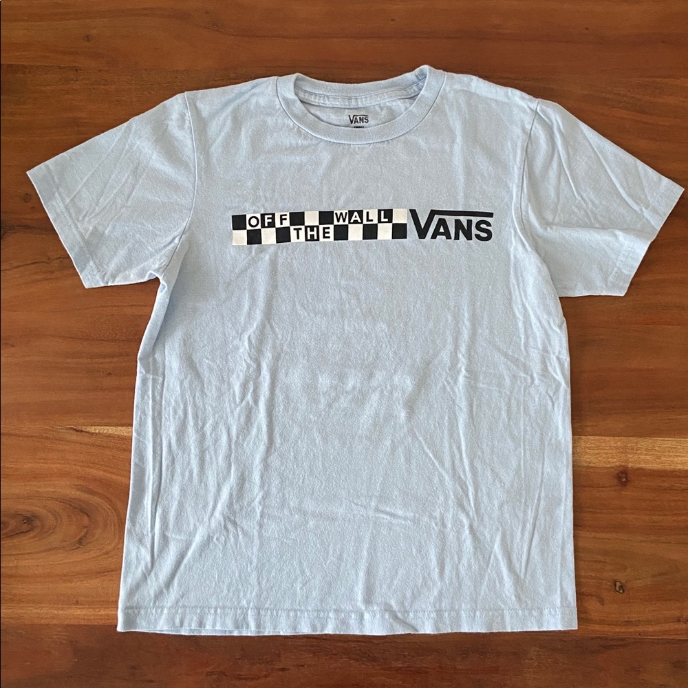 Vans boys skater tee shirt graphic short sleeve blue white black checkerboard S